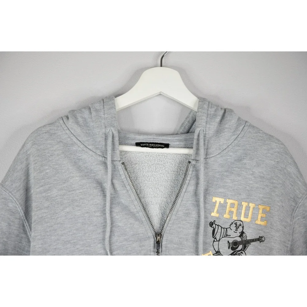 True Religion Zip Hoodie Mens XL Gray Excellent Buddha 3 Star Graphic Sweatshirt